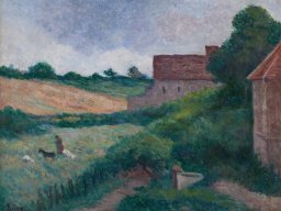maximilien luce - rolleboise les fermes ou la chevriere et la fermiere pres du puits circa 1930